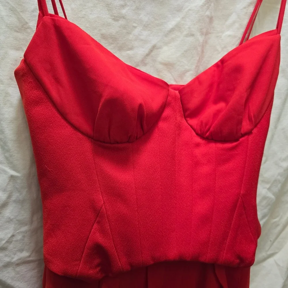NWT OH POLLY Scarlet Red Ruffle High Slit Corset Maxi Dress‎ US 4
